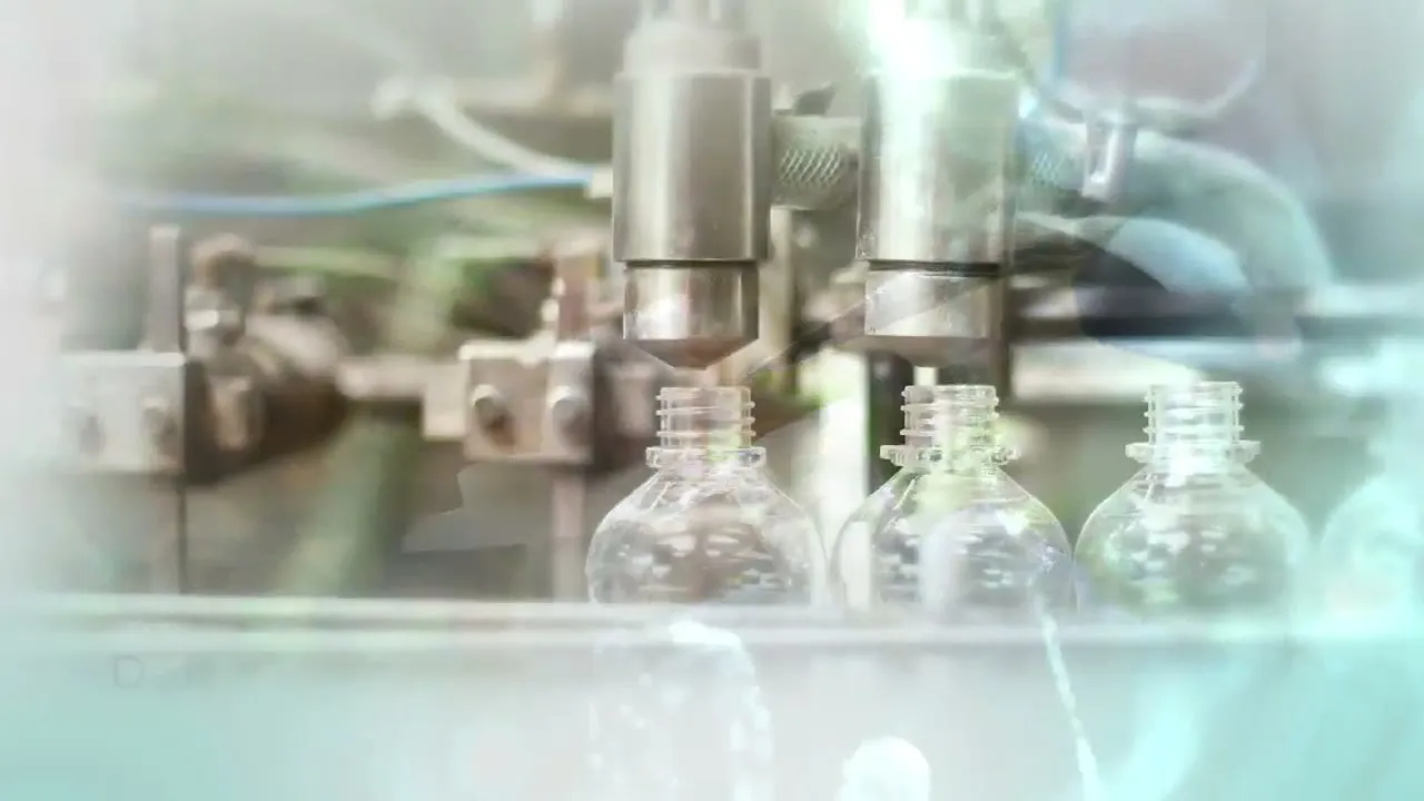 Filling nozzles over a row of bottles on a production line