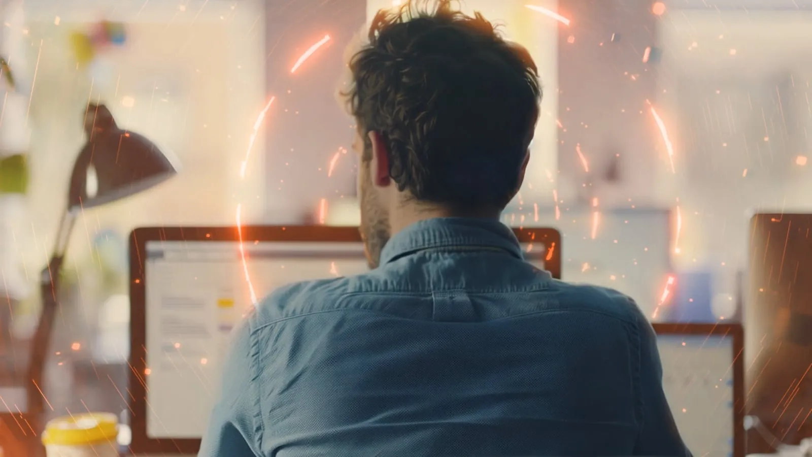 A person at a desk seen from behind, ringed by animated orange light and sparks, a frame from a Moonshine animated film