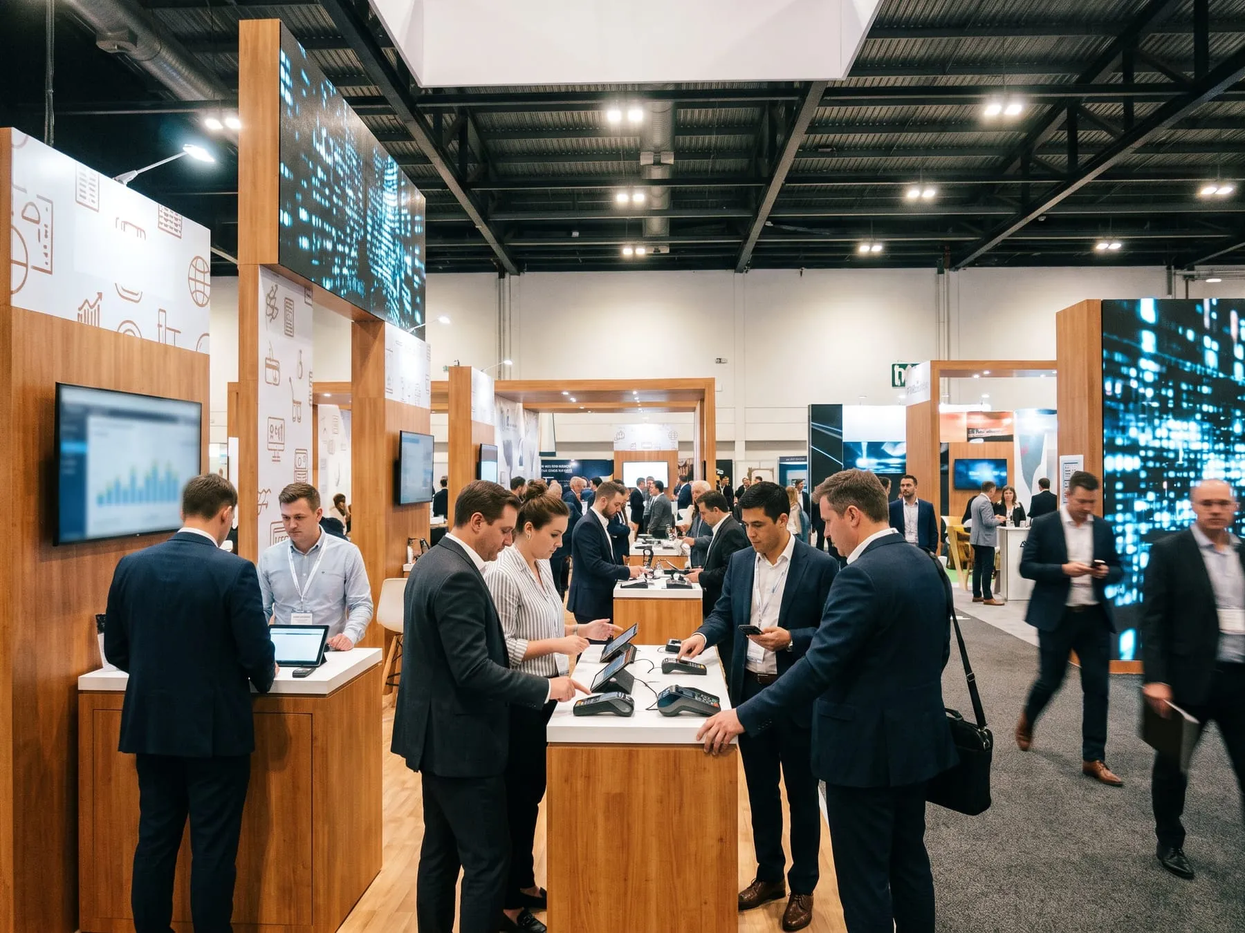 Fintech and retail technology expo with payment terminals on demo counters