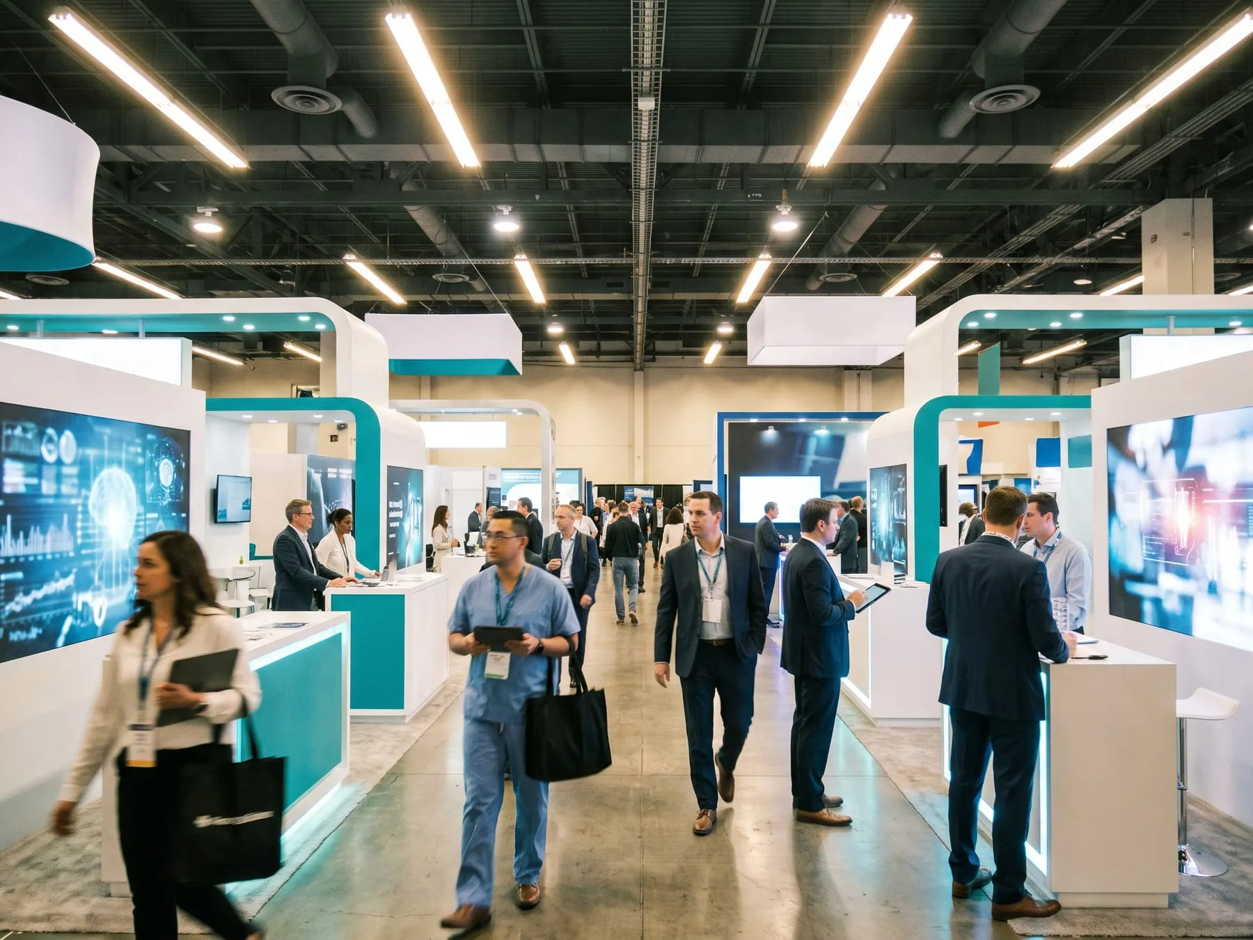 Health technology expo floor with white and teal booths and dashboard screens