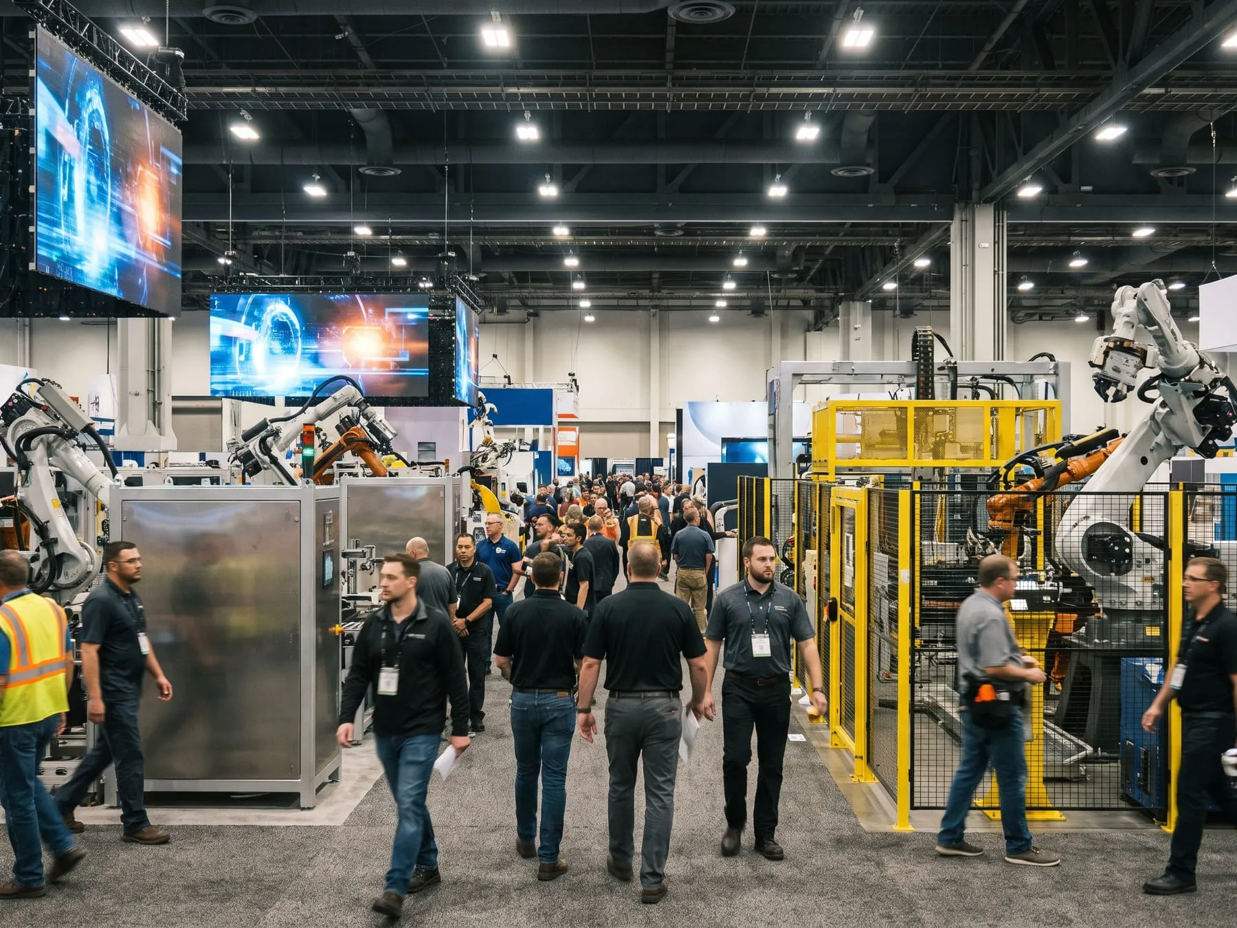 Industrial trade show hall with robotic arms and machine tools on display