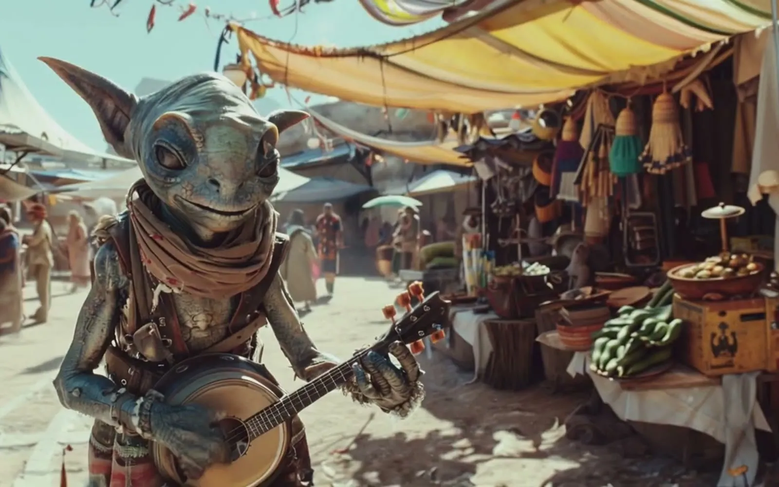 AI-generated lizard-like character playing a banjo in a market, from an AI video reel