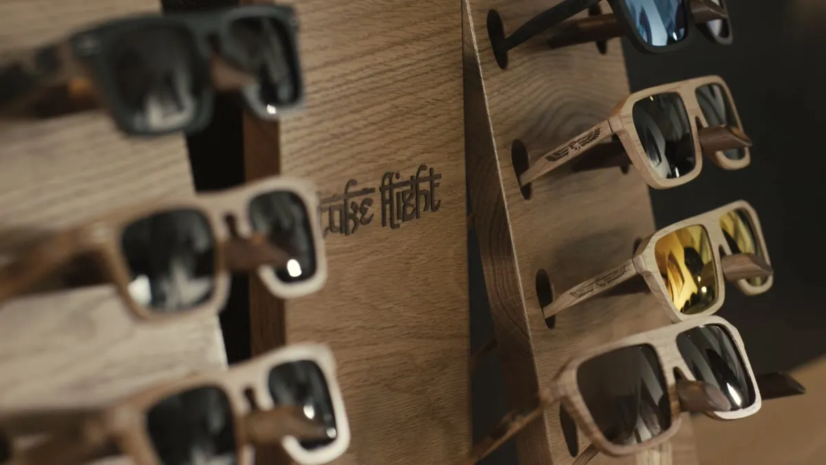 Wooden sunglasses on a carved display stand, from the Medicine Werx Kickstarter film