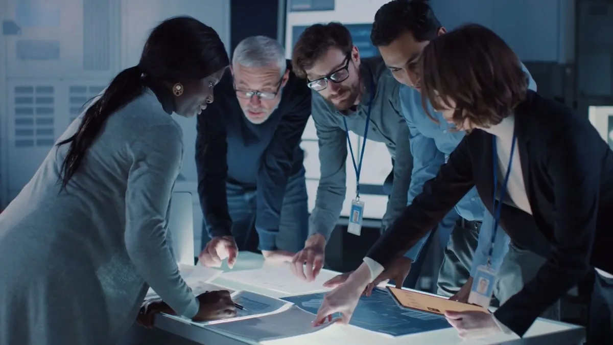 A team of five leaning over a lit table reviewing documents, from the LogRhythm recruitment video